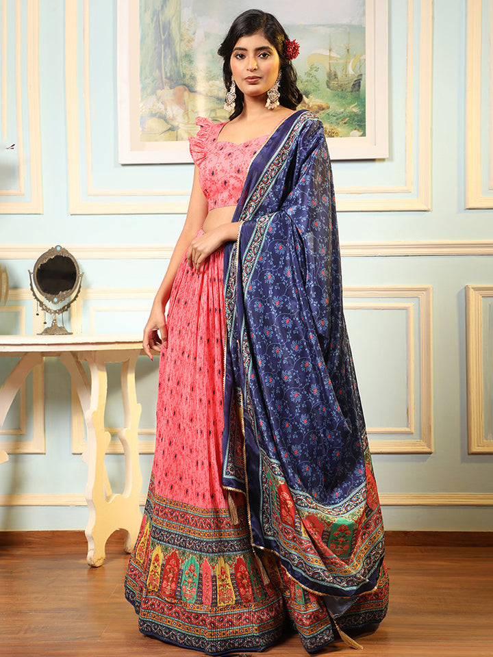 Pink Embroidered Satin Semi Stitched Blouse Lehenga &amp; Dupatta