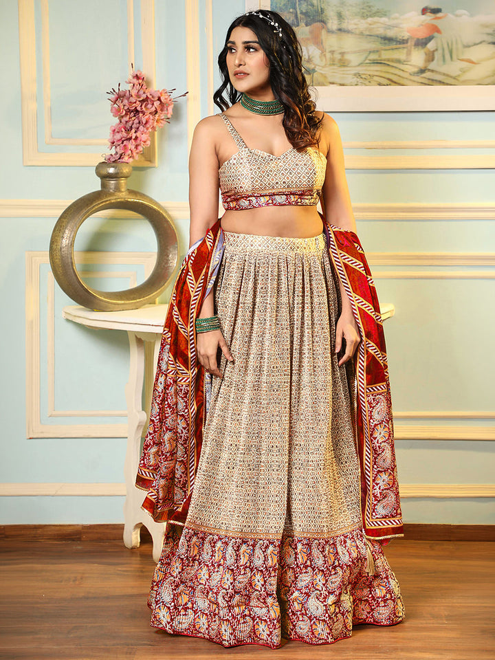Cream Art Silk Embroidered Semi Stitched Blouse Lehenga &amp; Dupatta