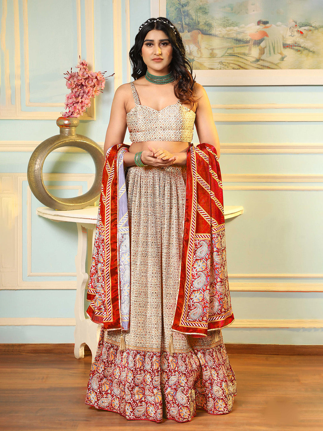 Beige Embroidered Satin Semi Stitched Blouse Lehenga &amp; Dupatta