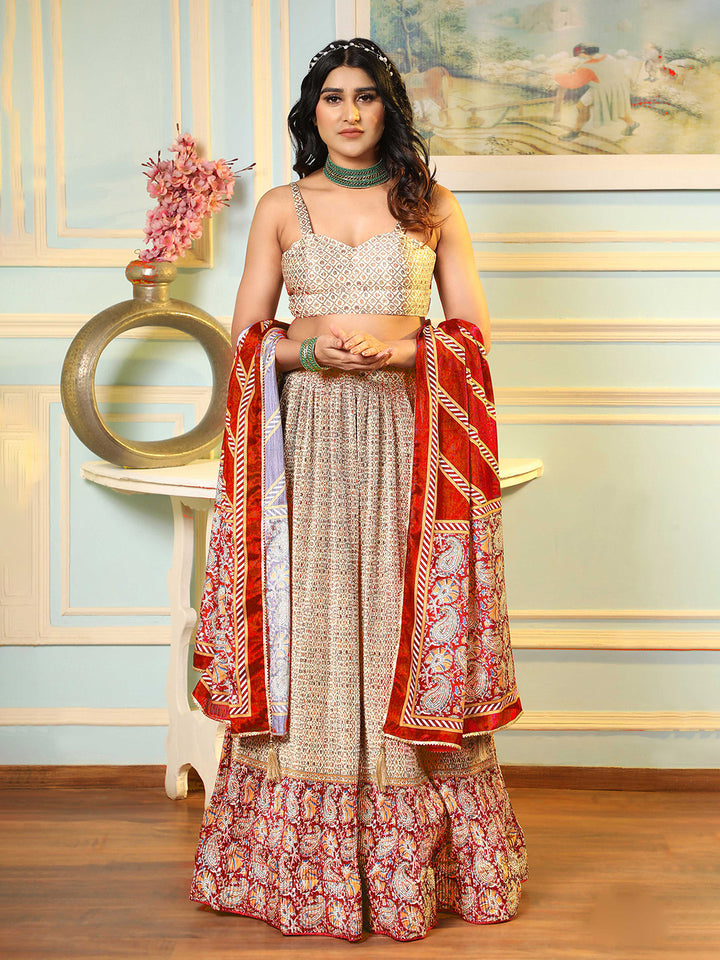 Beige Embroidered Satin Semi Stitched Blouse Lehenga &amp; Dupatta
