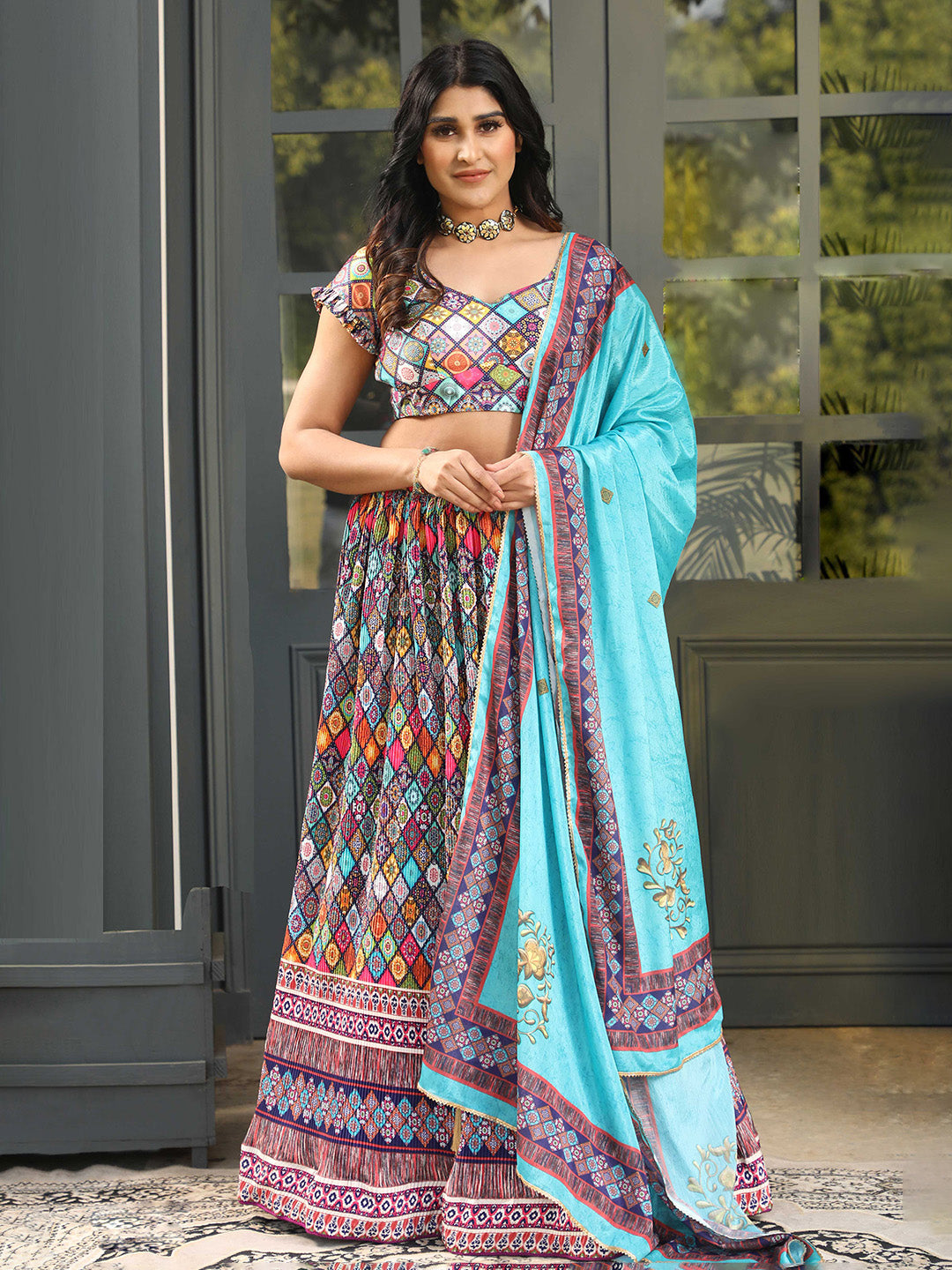 Aqua Blue Embroidered Satin Semi Stitched Kurta Choli With Lehenga &amp; Dupatta
