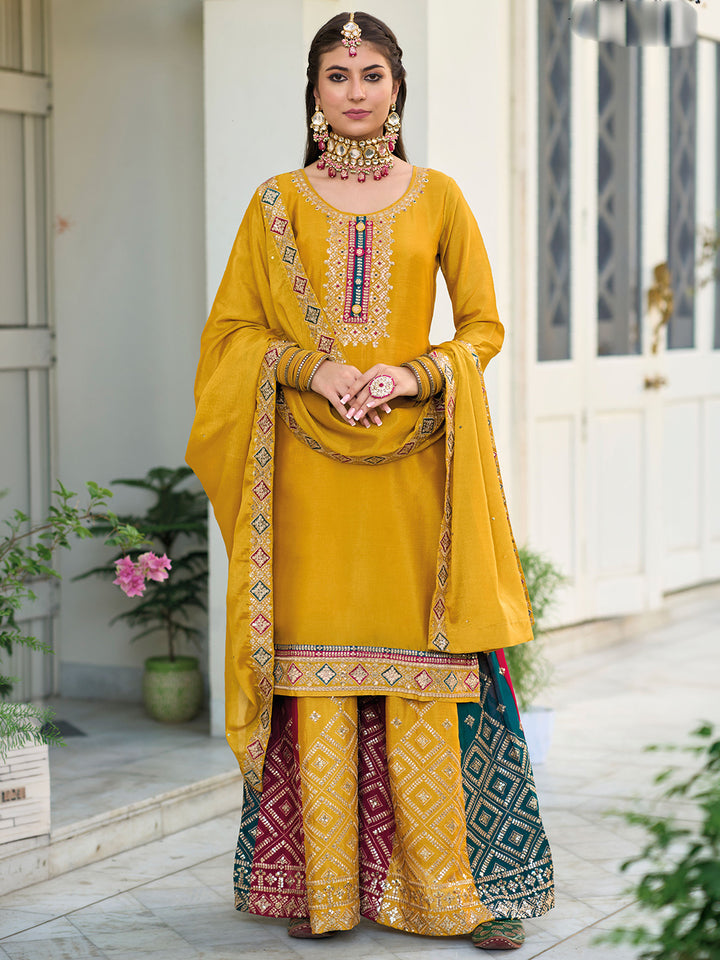 Mustard Chinon Embroidered Semi Stitched Straight Palazzo &amp; Dupatta