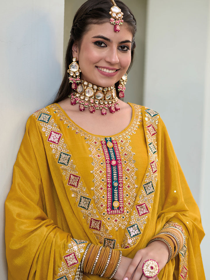 Mustard Chinon Embroidered Semi Stitched Straight Palazzo &amp; Dupatta