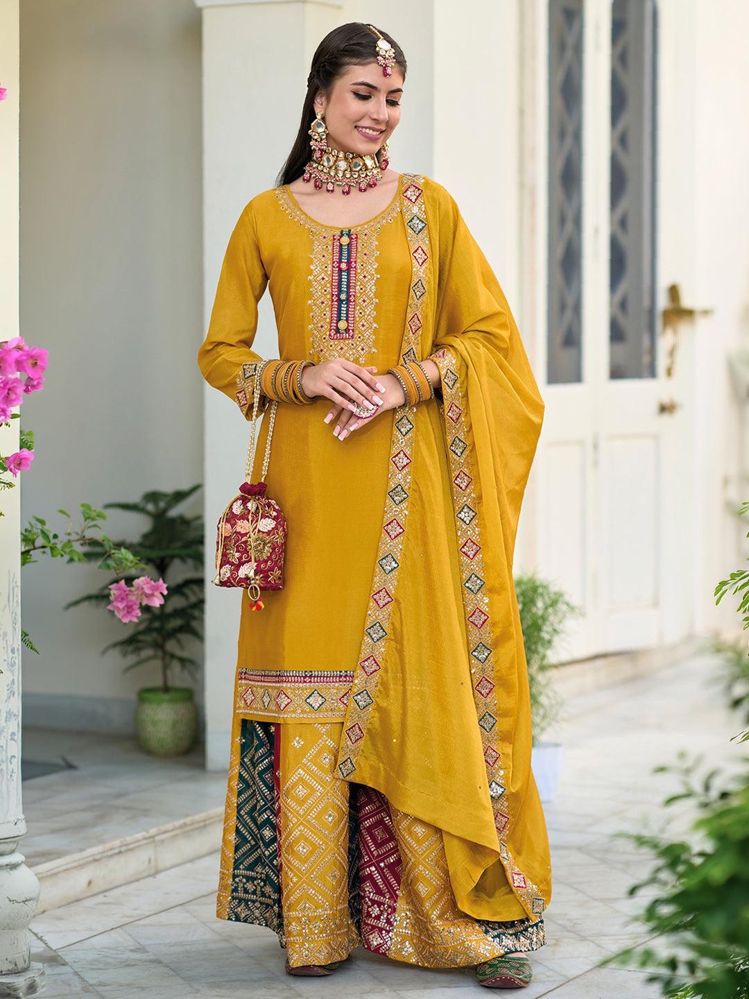 Mustard Chinon Embroidered Semi Stitched Straight Palazzo &amp; Dupatta