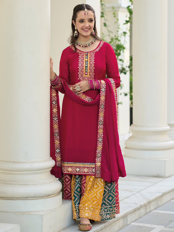 Maroon Chinon Embroidered Semi Stitched Straight Palazzo &amp; Dupatta
