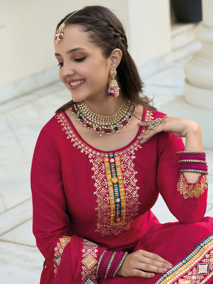Maroon Chinon Embroidered Semi Stitched Straight Palazzo &amp; Dupatta