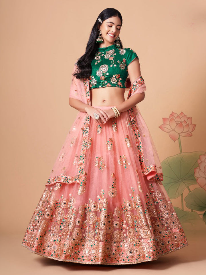 Green-Peach Art Silk Embroidered Semi Stitched Lehenga Choli with Dupatta