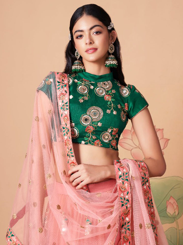 Green-Peach Art Silk Embroidered Semi Stitched Lehenga Choli with Dupatta
