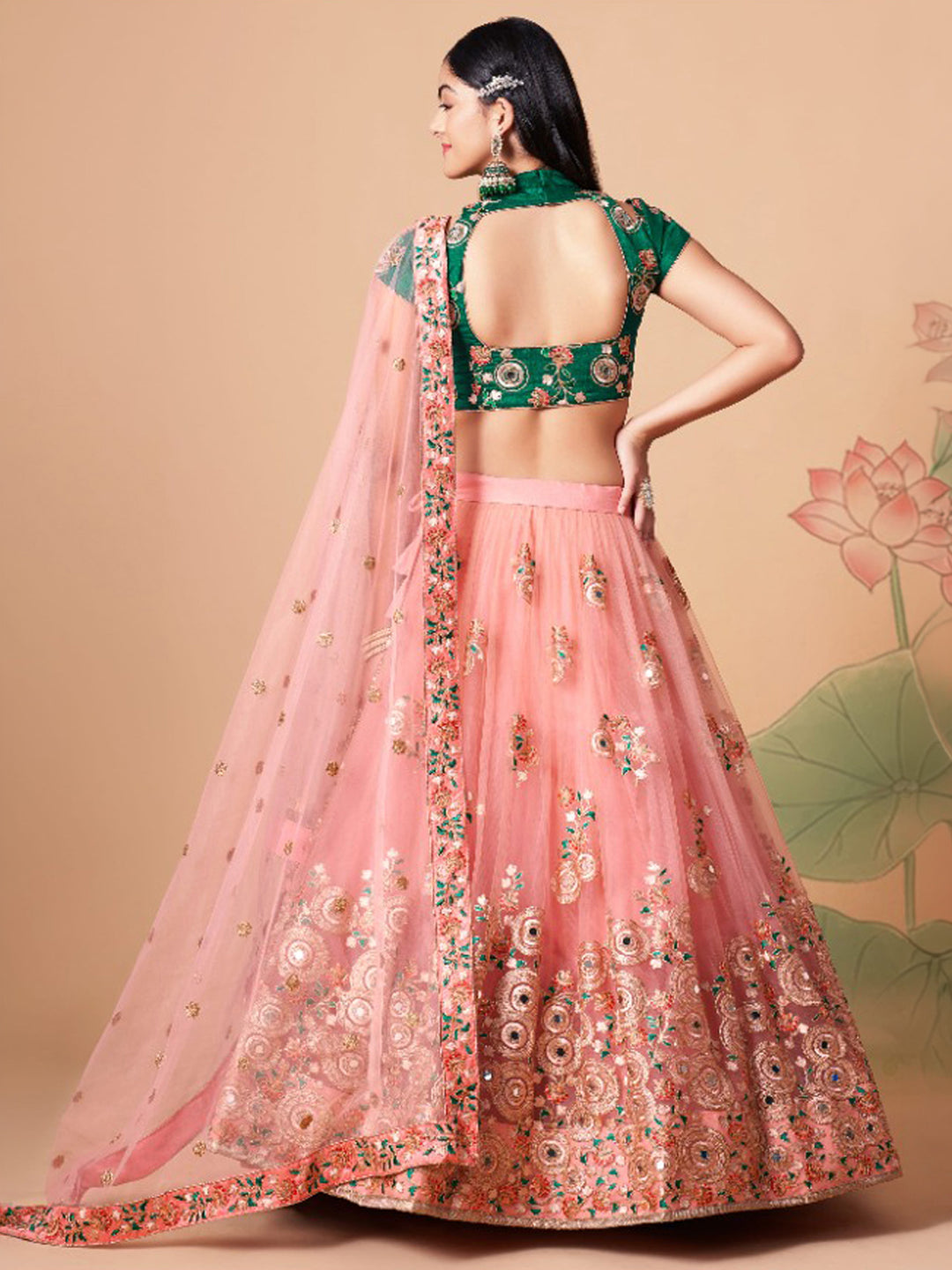 Green-Peach Art Silk Embroidered Semi Stitched Lehenga Choli with Dupatta