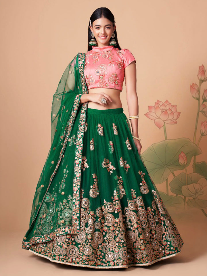Peach-Green Art Silk Embroidered Semi Stitched Lehenga Choli with Dupatta