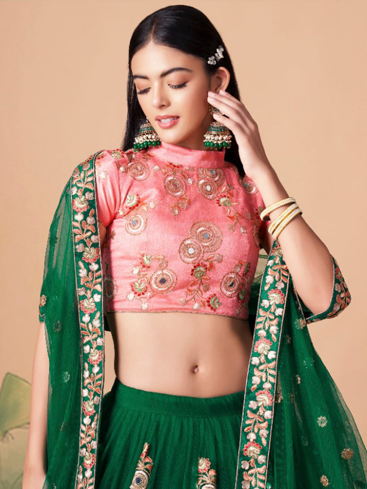 Peach-Green Art Silk Embroidered Semi Stitched Lehenga Choli with Dupatta