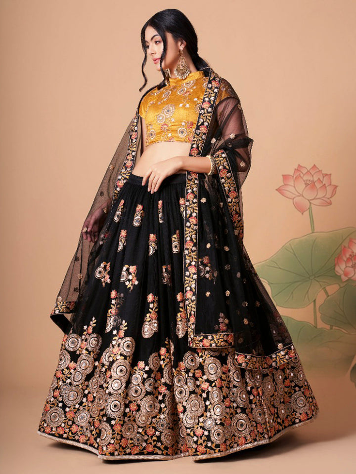 Mustard-Black Art Silk Embroidered Semi Stitched Lehenga Choli with Dupatta