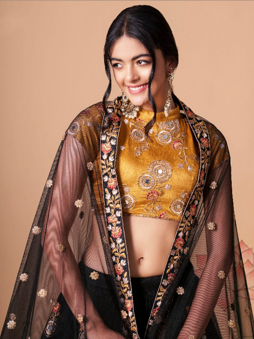 Mustard-Black Art Silk Embroidered Semi Stitched Lehenga Choli with Dupatta