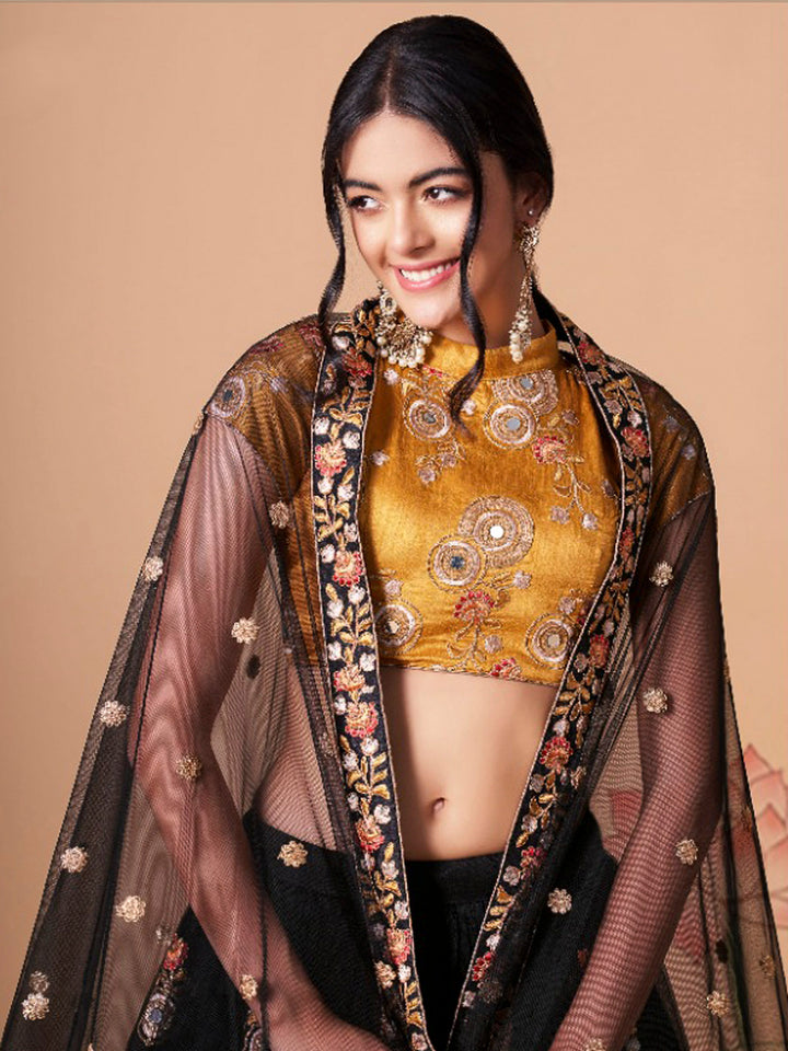 Mustard-Black Art Silk Embroidered Semi Stitched Lehenga Choli with Dupatta