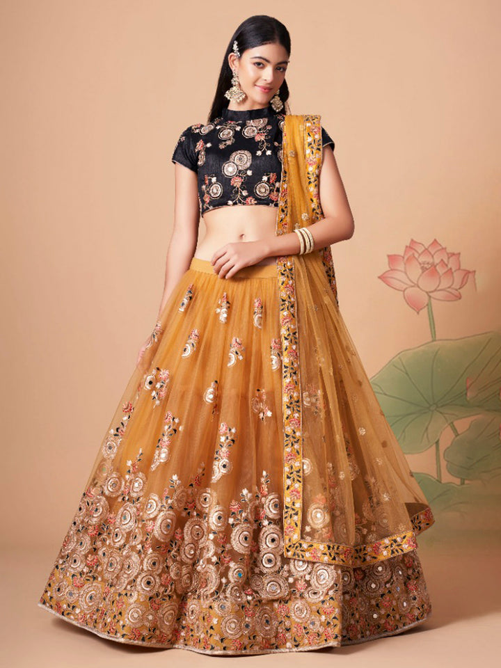 Black-Mustard Art Silk Embroidered Semi Stitched Lehenga Choli with Dupatta