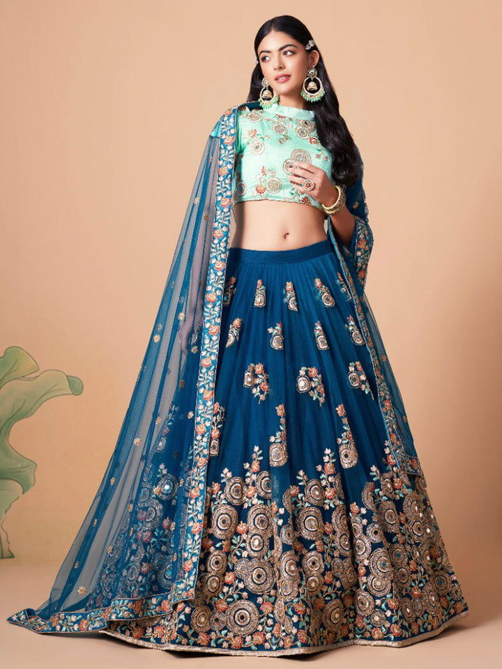 Turquoise Art Silk Embroidered Semi Stitched Lehenga Choli with Dupatta