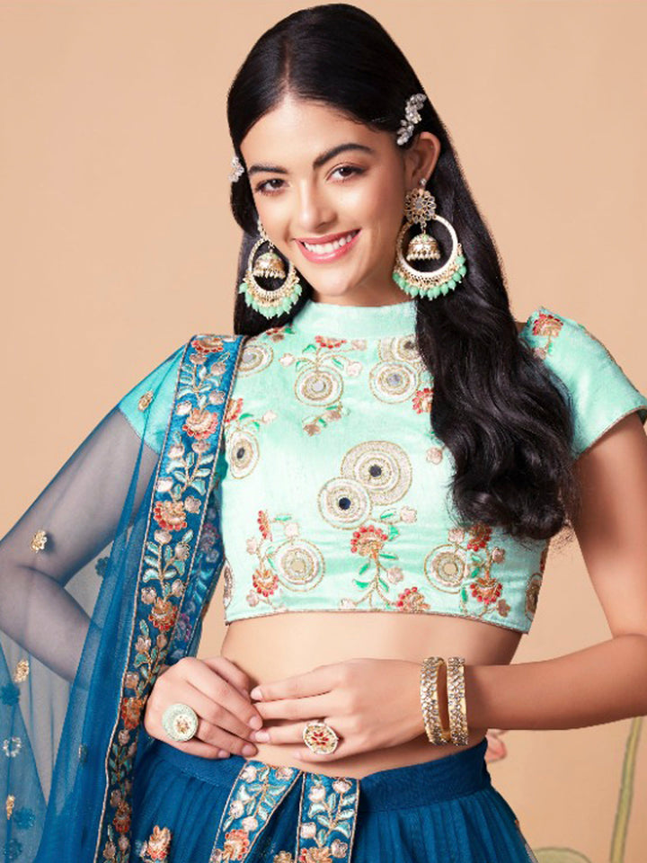 Turquoise Art Silk Embroidered Semi Stitched Lehenga Choli with Dupatta