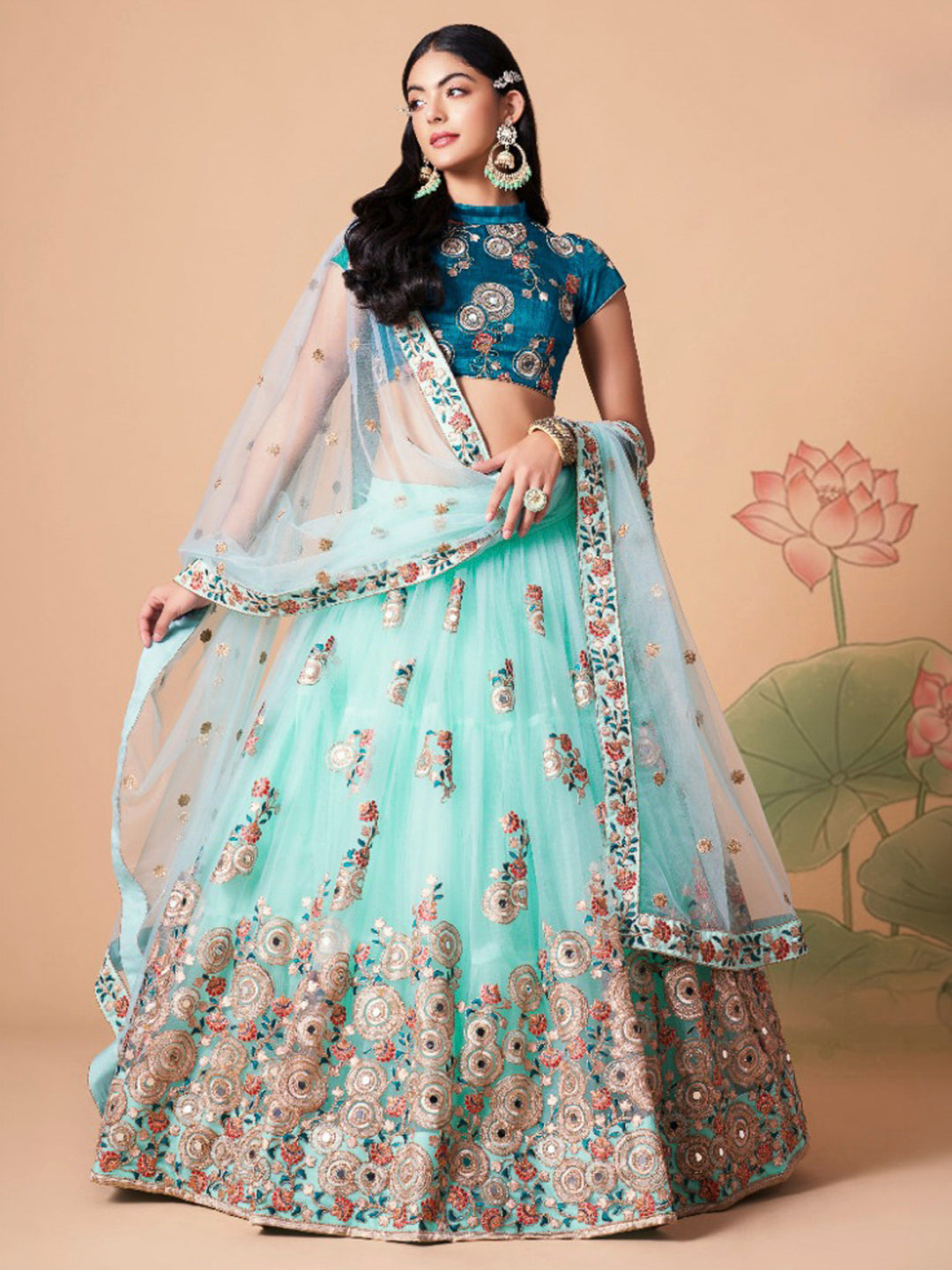 Teal-Blue Art Silk Embroidered Semi Stitched Lehenga Choli with Dupatta