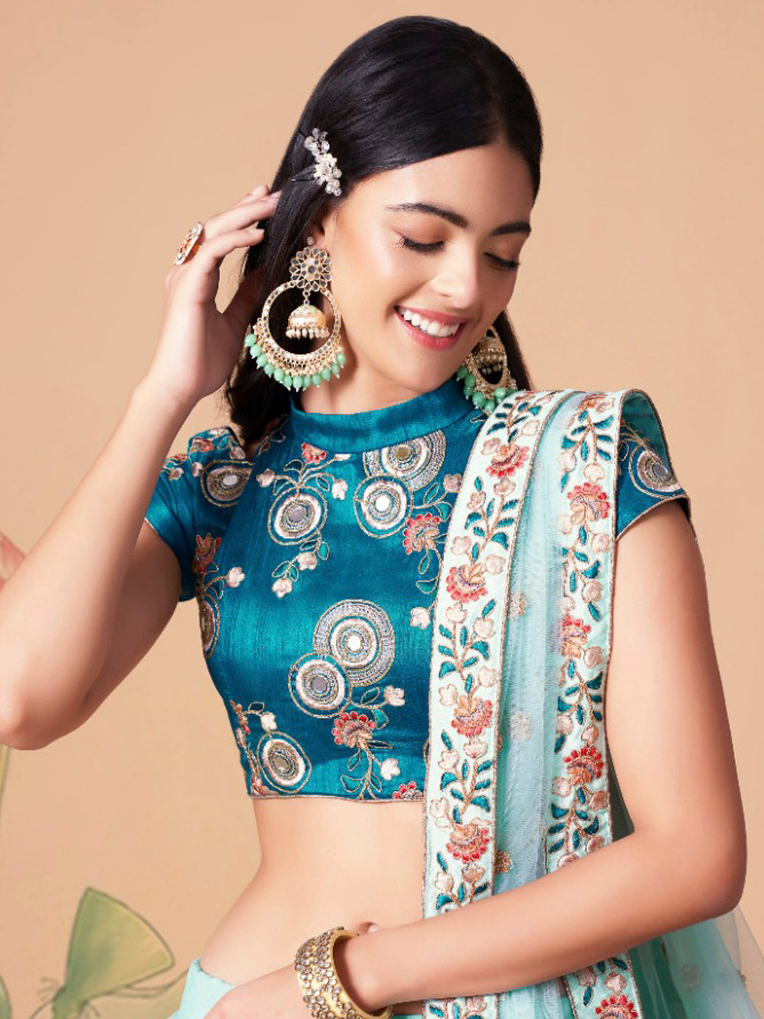 Teal-Blue Art Silk Embroidered Semi Stitched Lehenga Choli with Dupatta