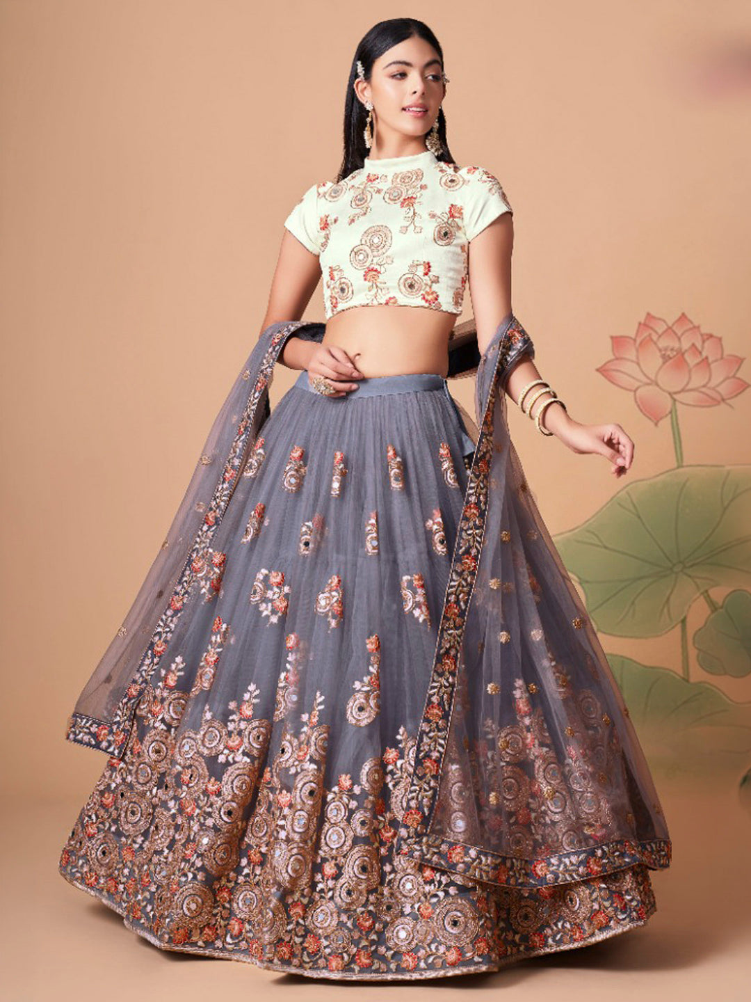 Off-White Art Silk Embroidered Semi Stitched Lehenga Choli with Dupatta
