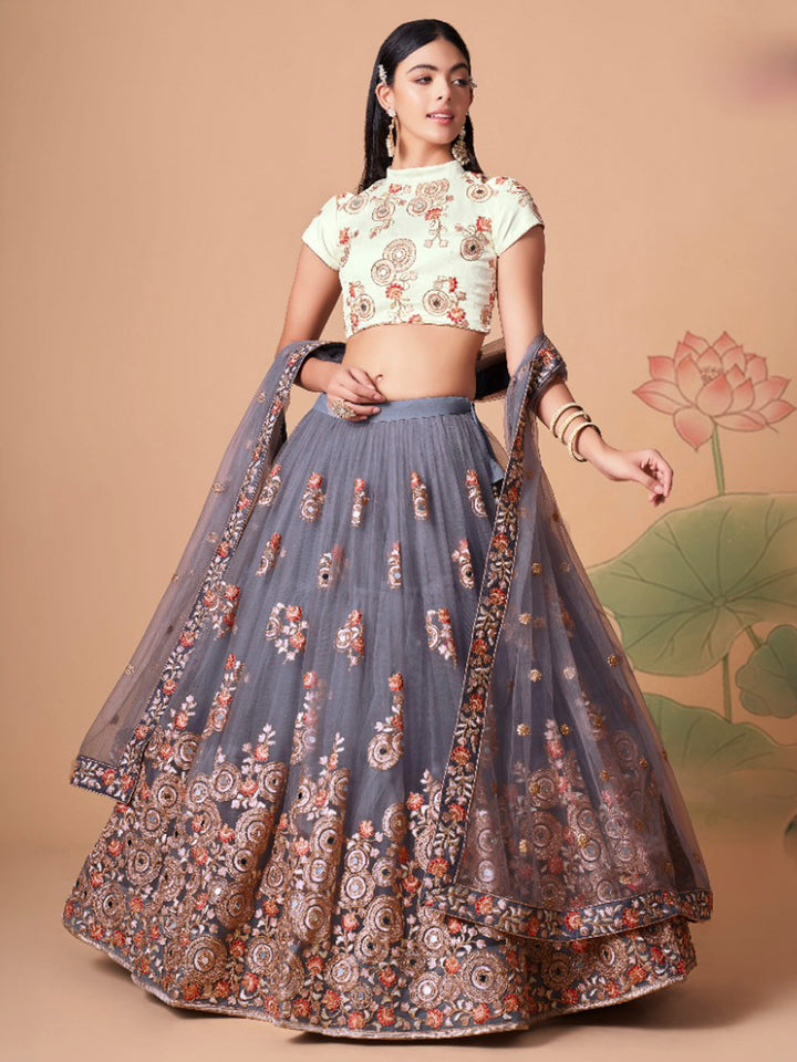 Off-White Art Silk Embroidered Semi Stitched Lehenga Choli with Dupatta