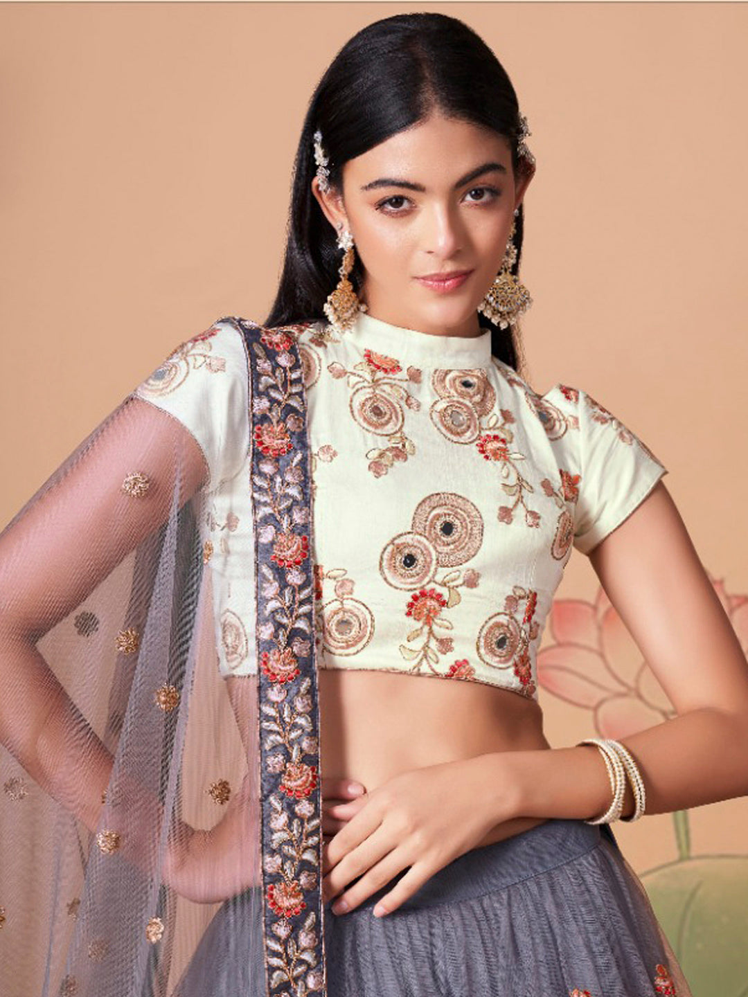 Off-White Art Silk Embroidered Semi Stitched Lehenga Choli with Dupatta