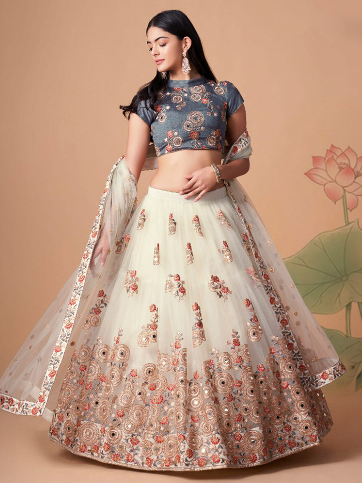 Off-White Art Silk Embroidered Semi Stitched Lehenga Choli with Dupatta