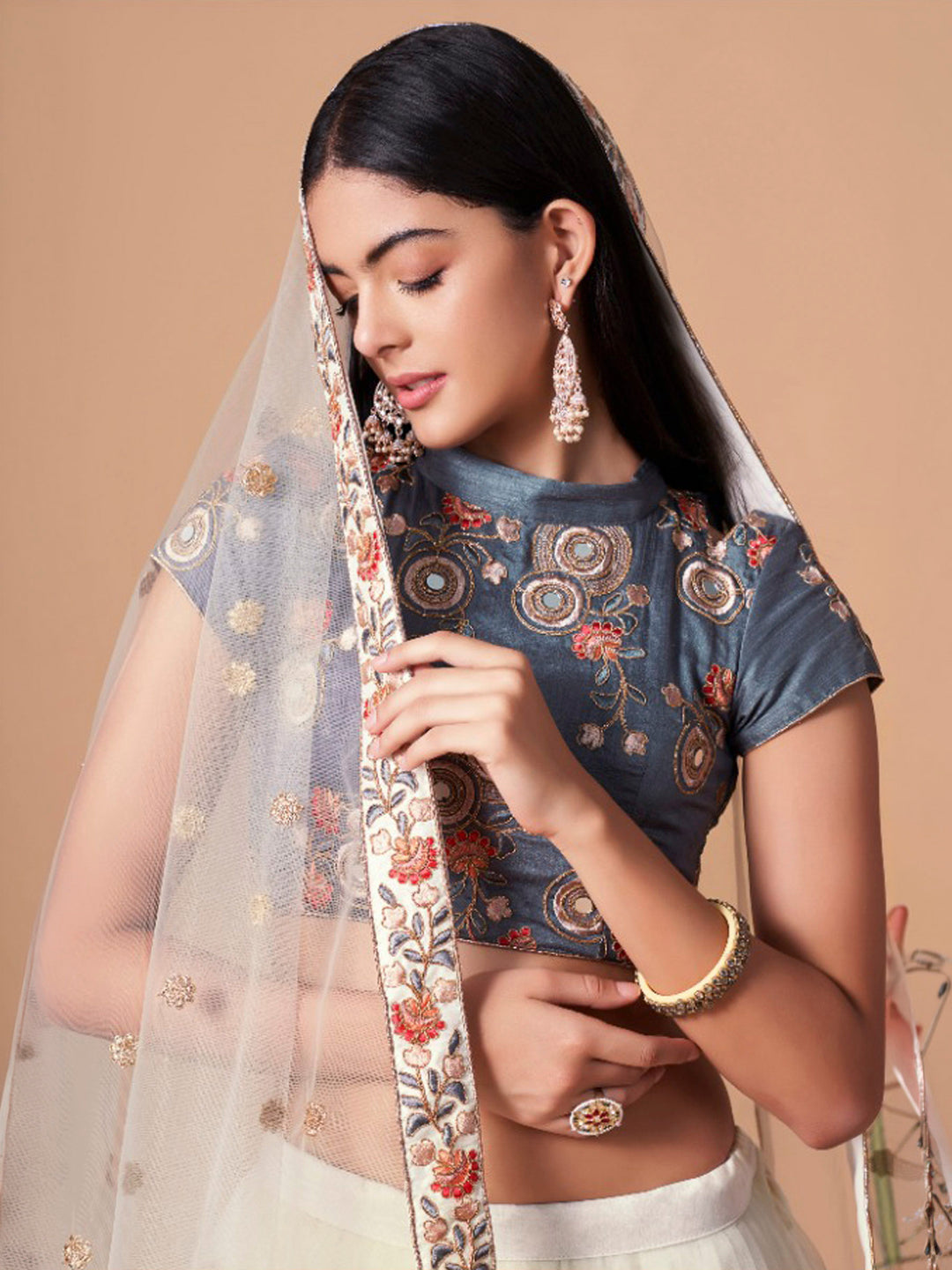 Off-White Art Silk Embroidered Semi Stitched Lehenga Choli with Dupatta
