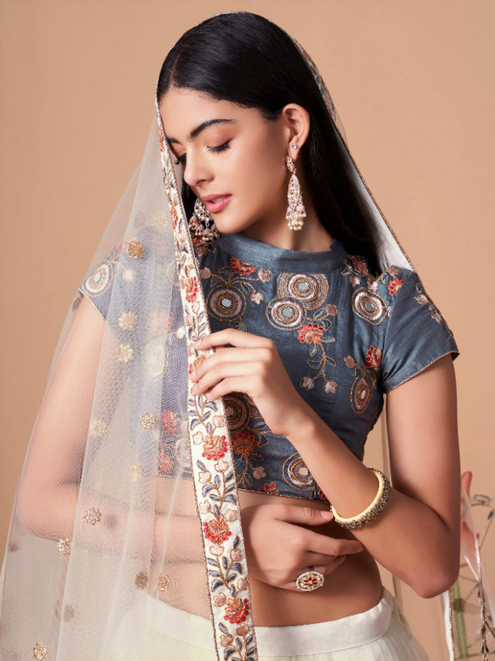 Off-White Art Silk Embroidered Semi Stitched Lehenga Choli with Dupatta