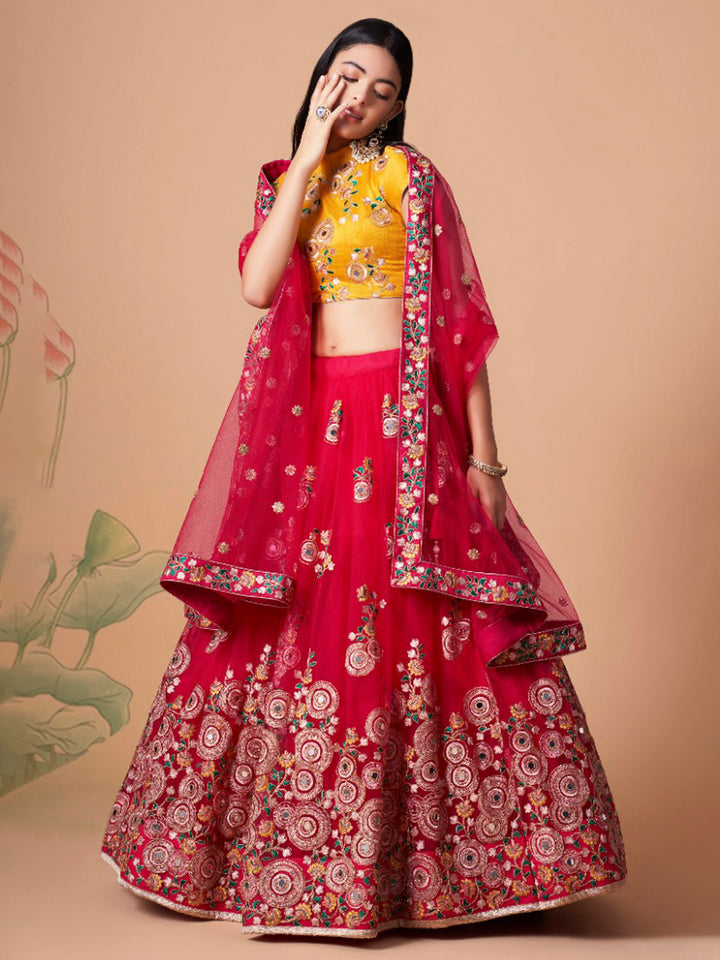 Mustard-Red Art Silk Embroidered Semi Stitched Lehenga Choli with Dupatta