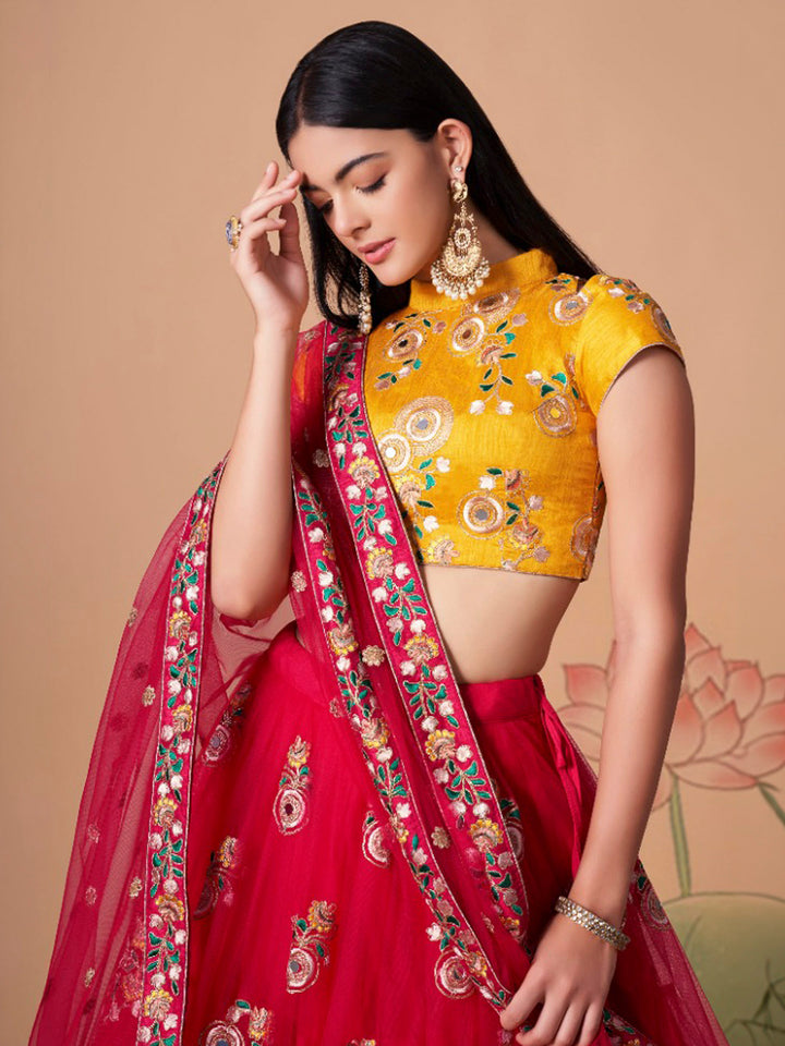 Mustard-Red Art Silk Embroidered Semi Stitched Lehenga Choli with Dupatta