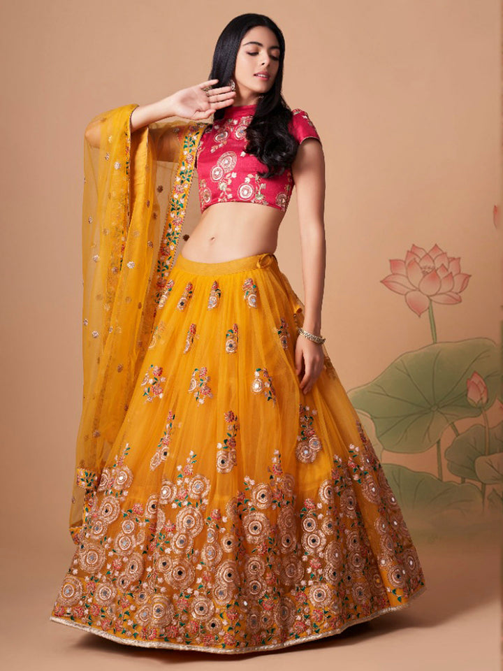 Red-Mustard Art Silk Embroidered Semi Stitched Lehenga Choli with Dupatta