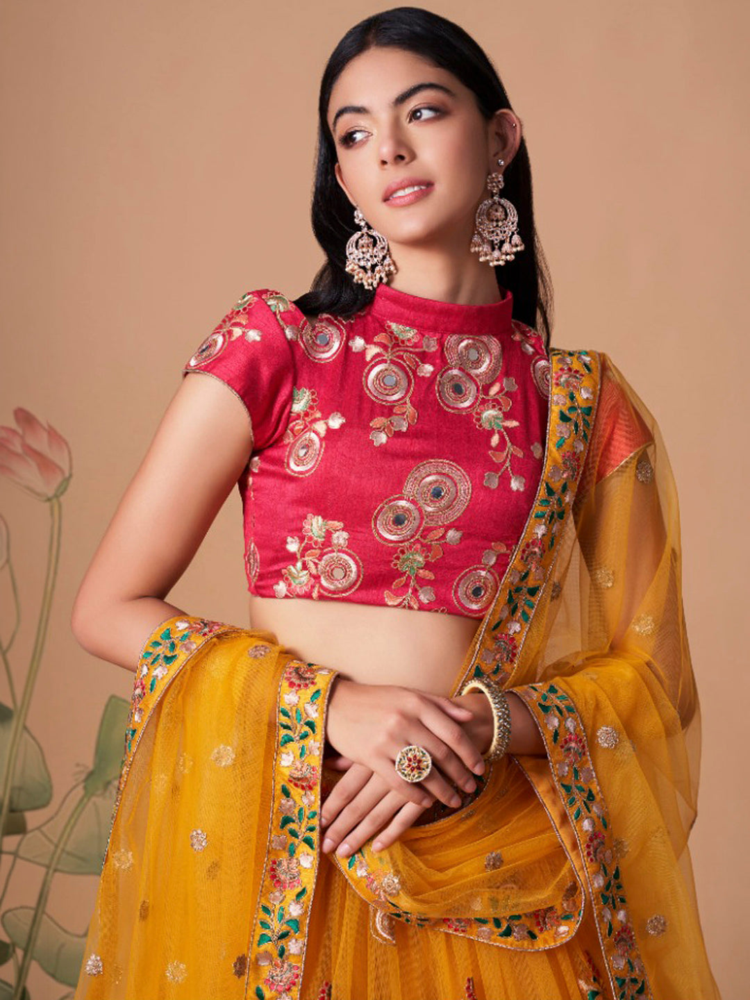 Red-Mustard Art Silk Embroidered Semi Stitched Lehenga Choli with Dupatta