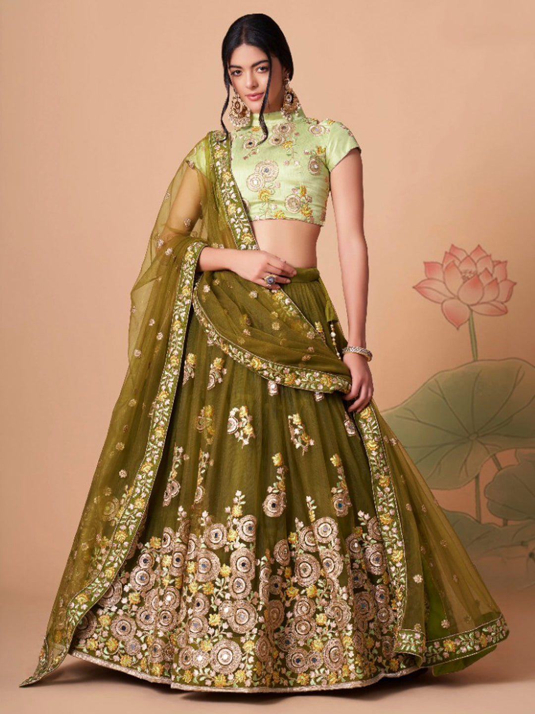 Pista-Green Art Silk Embroidered Semi Stitched Lehenga Choli with Dupatta