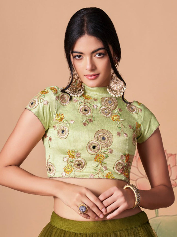 Pista-Green Art Silk Embroidered Semi Stitched Lehenga Choli with Dupatta