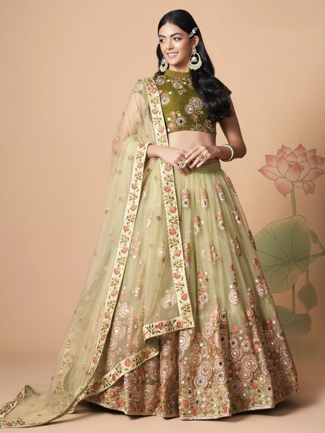 Olive-Green Art Silk Embroidered Semi Stitched Lehenga Choli with Dupatta