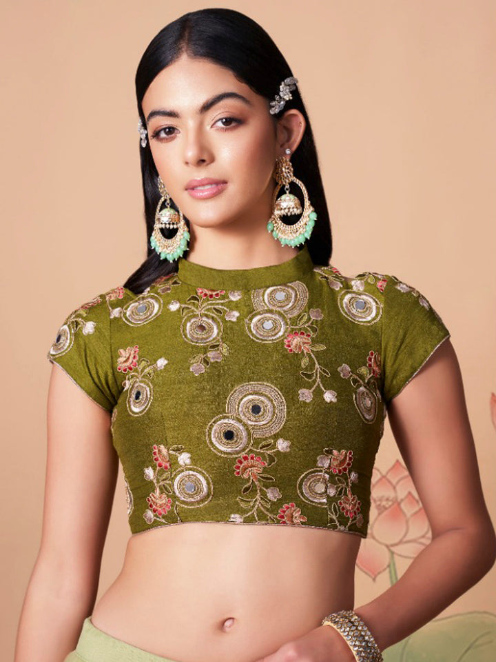 Olive-Green Art Silk Embroidered Semi Stitched Lehenga Choli with Dupatta
