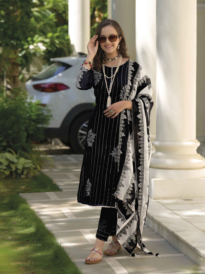 Black Embroidered Oaganza Semi Stitched Kurta With Pant &amp; Dupatta