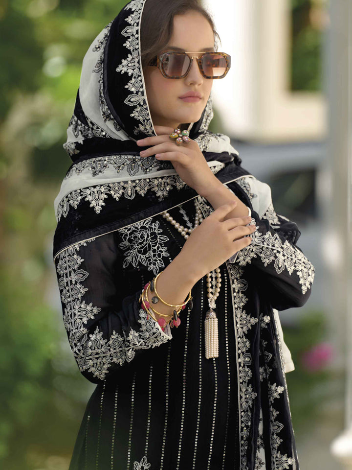 Black Embroidered Oaganza Semi Stitched Kurta With Pant &amp; Dupatta