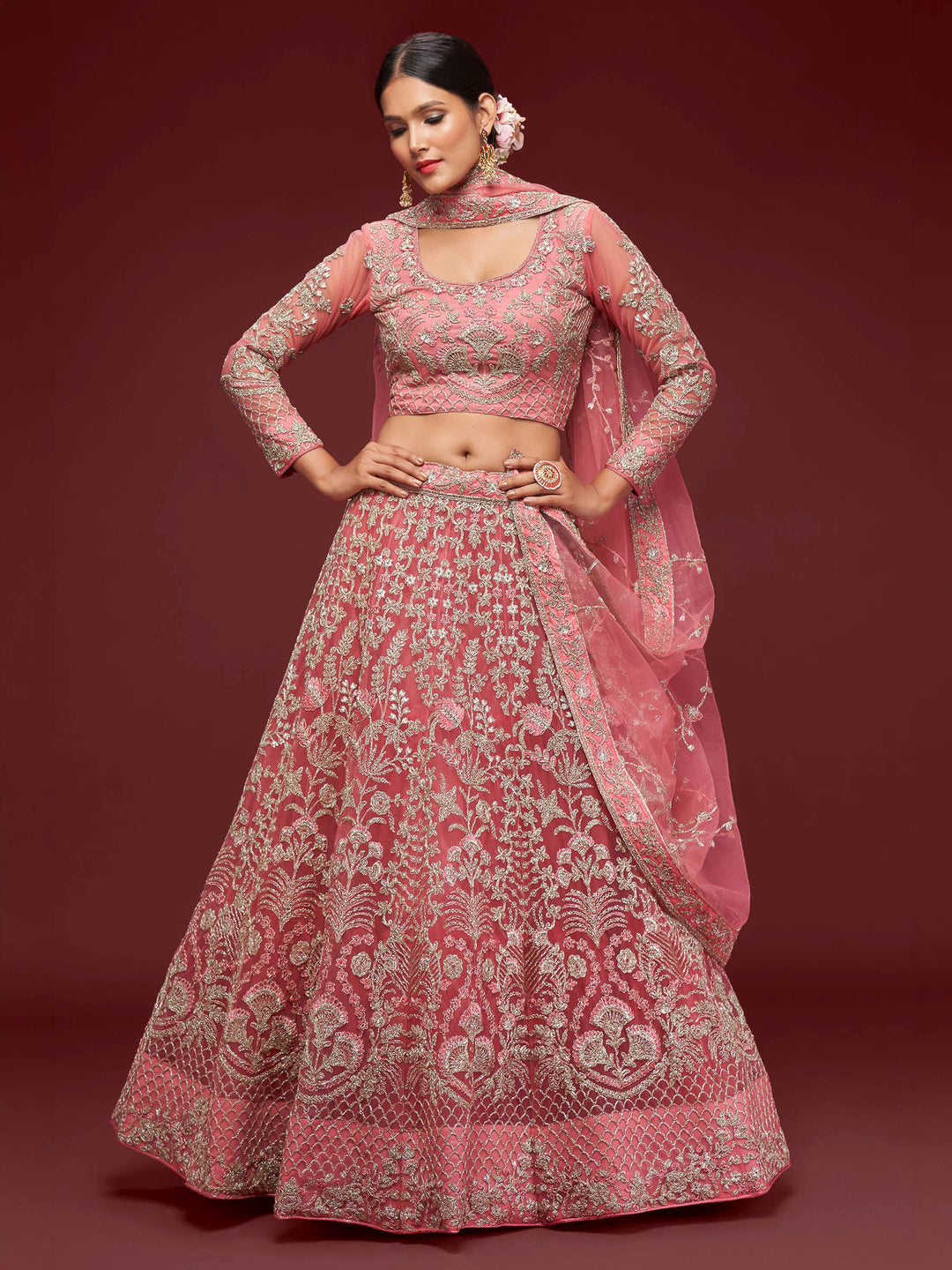 Pink Net Embroidered Semi Stitched Lehenga Choli with Dupatta