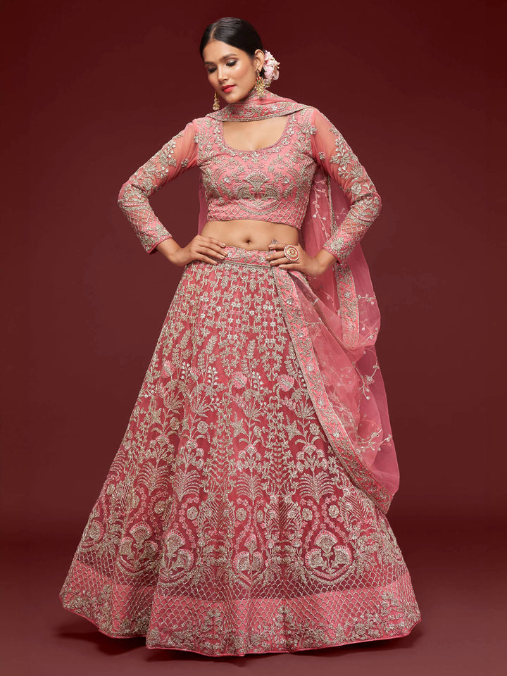 Pink Net Embroidered Semi Stitched Lehenga Choli with Dupatta