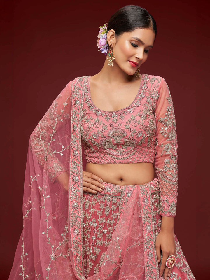 Pink Net Embroidered Semi Stitched Lehenga Choli with Dupatta