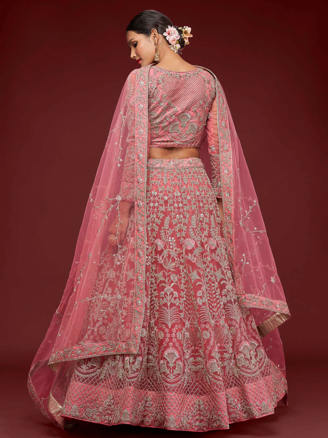 Pink Net Embroidered Semi Stitched Lehenga Choli with Dupatta