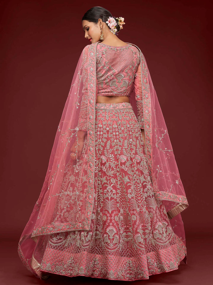 Pink Net Embroidered Semi Stitched Lehenga Choli with Dupatta