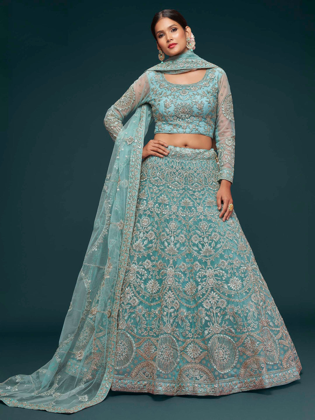 Blue Net Embroidered Semi Stitched Lehenga Choli with Dupatta