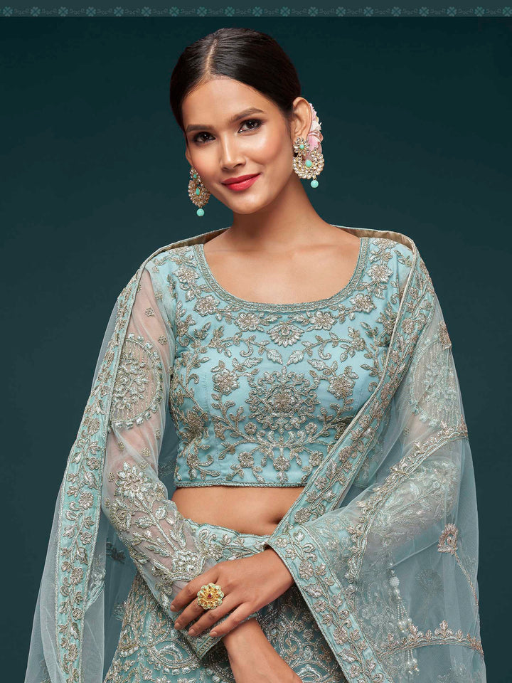 Blue Net Embroidered Semi Stitched Lehenga Choli with Dupatta