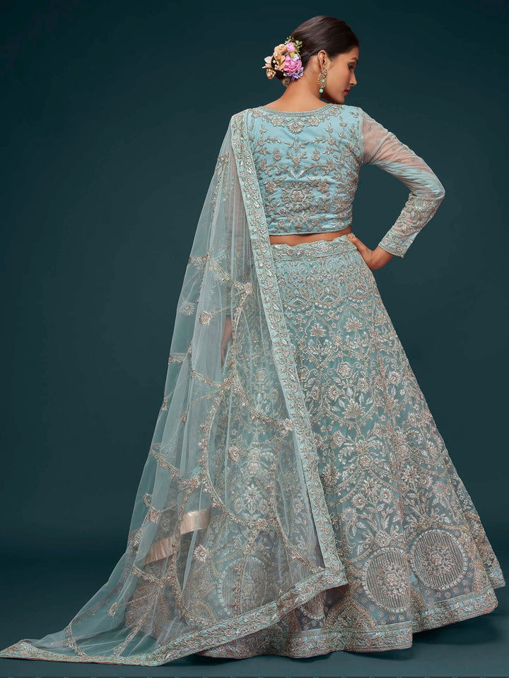 Blue Net Embroidered Semi Stitched Lehenga Choli with Dupatta