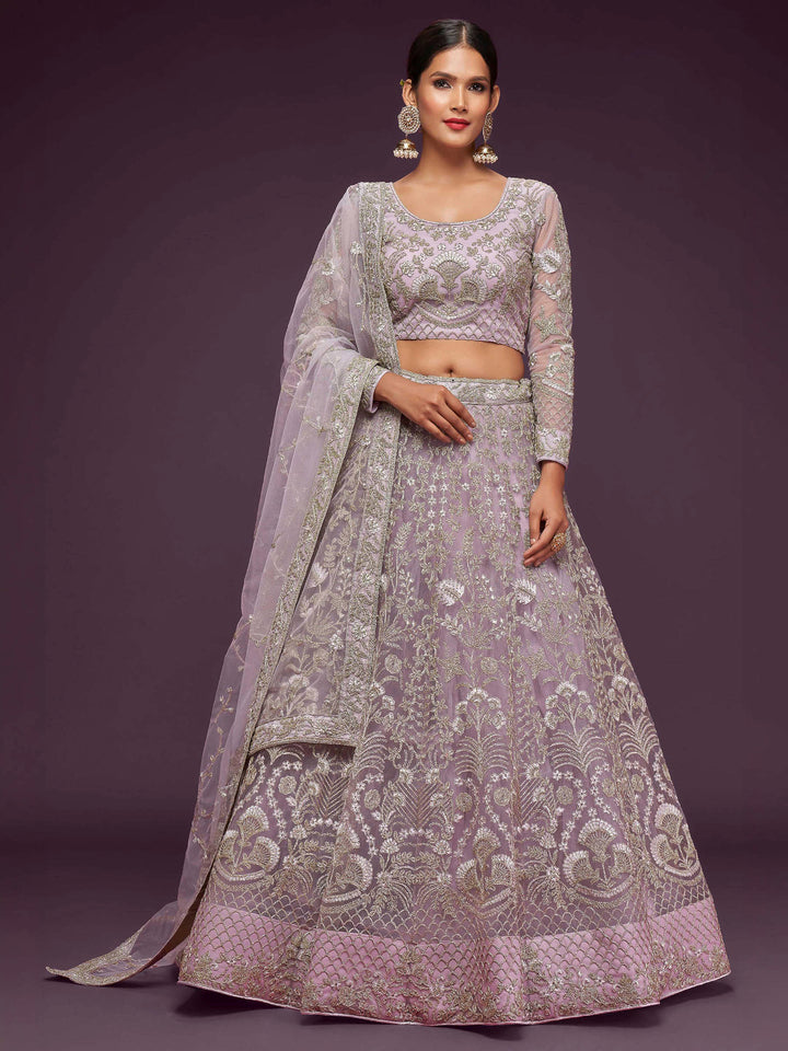 Lavender Net Embroidered Semi Stitched Lehenga Choli with Dupatta