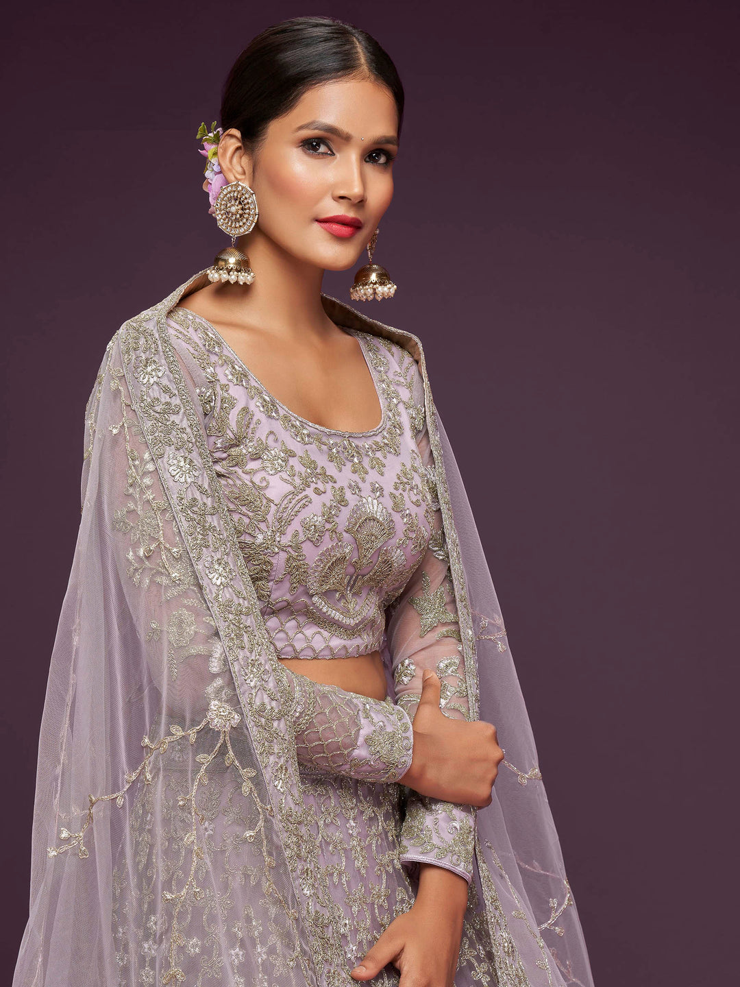 Lavender Net Embroidered Semi Stitched Lehenga Choli with Dupatta