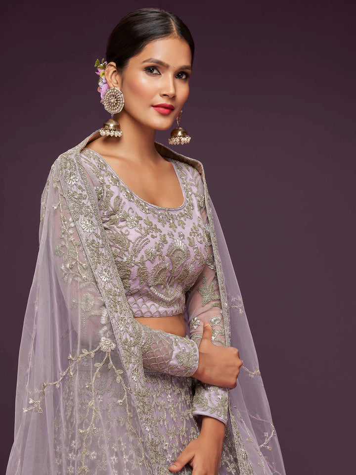 Lavender Net Embroidered Semi Stitched Lehenga Choli with Dupatta